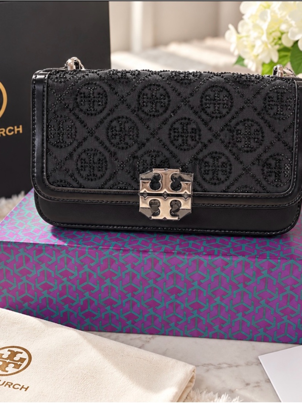 Tory Burch Black Beaded Logo Shoulder Bag